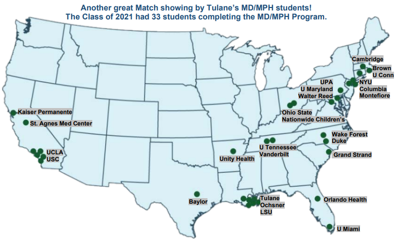 Image of a map with locations of 2021 MD/MPH graduates. Most are clustered to the south and east, with some also out in California.