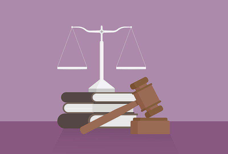 Illustration of gavel, law books, scales of justice