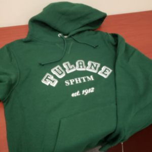 Image of a green Tulane SPHTM hoodie