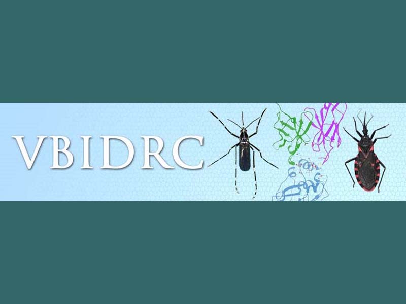 Vector Borne Infectious Disease Research Center logo, blue background, VBIDRC with chagas bug