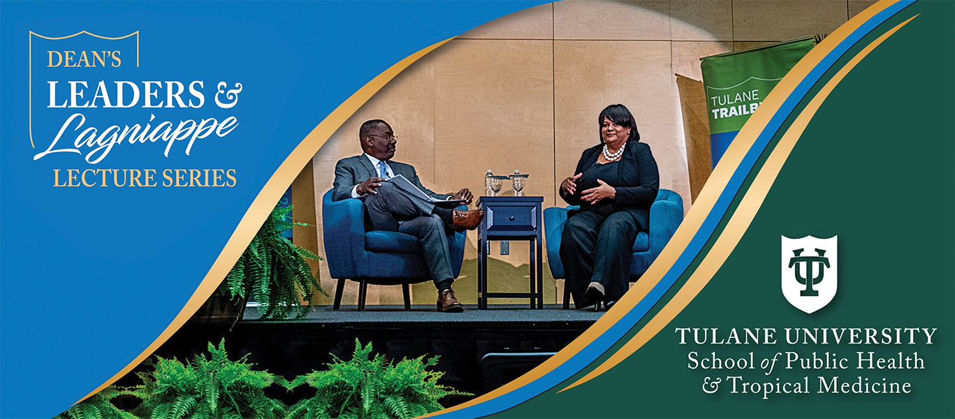 header image for lecture series with dean nd a guest talking