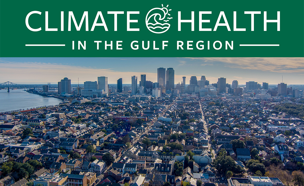 Arial photo of New Orleans with climate health banner across top