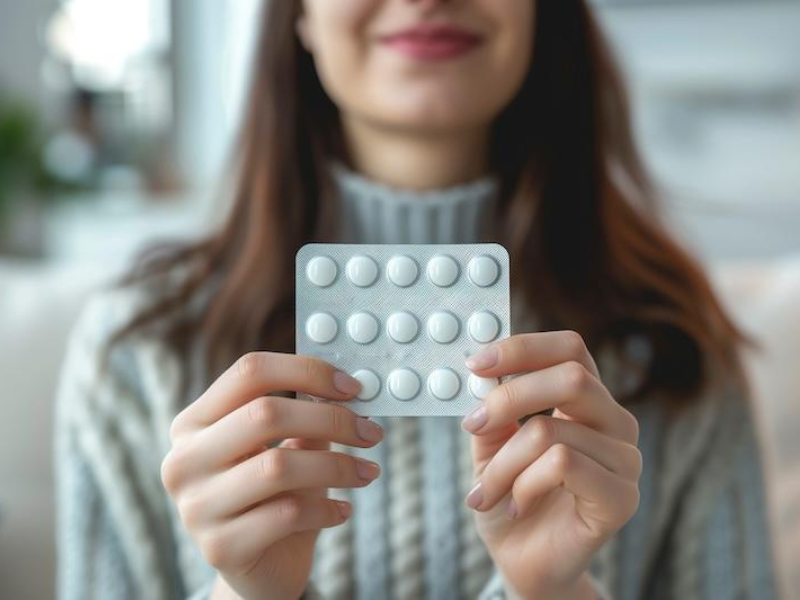 Close-up of woman holding up medication