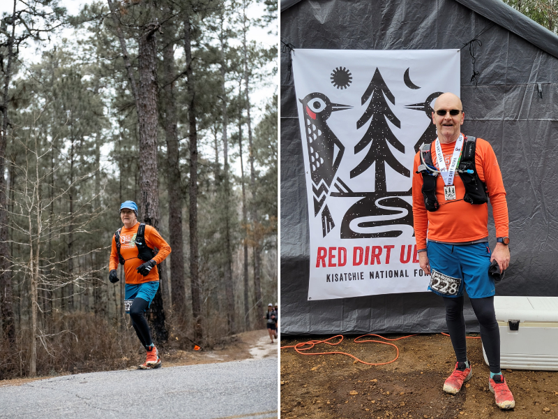 One photo of Dominiaque Meekers running through the woods and another of him posing with a banner