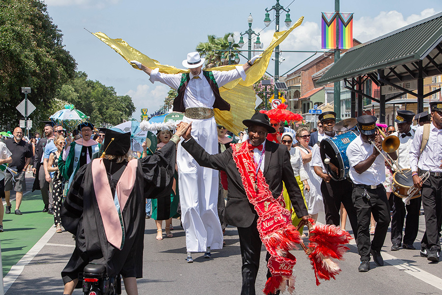 People second lining in the streets of New Orleans