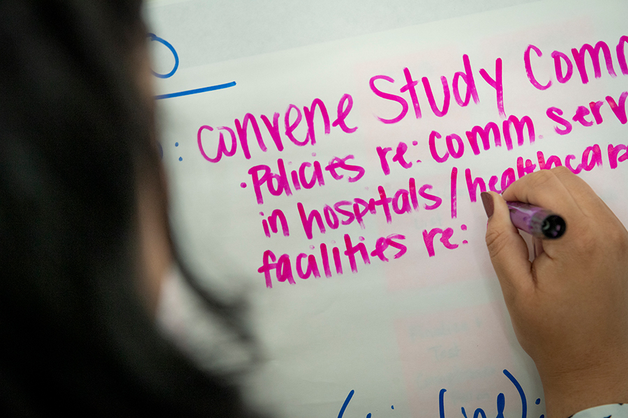 Close up of text on a whiteboard, with words in a list: convene study, policies, etc.