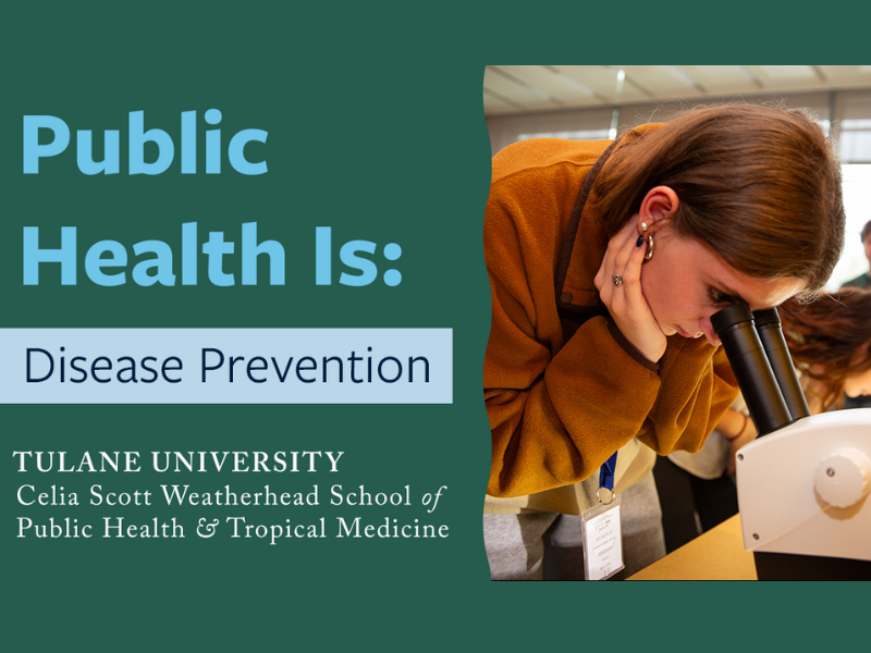 Example from campaign -- woman doing research with "Public health is disease prevention"