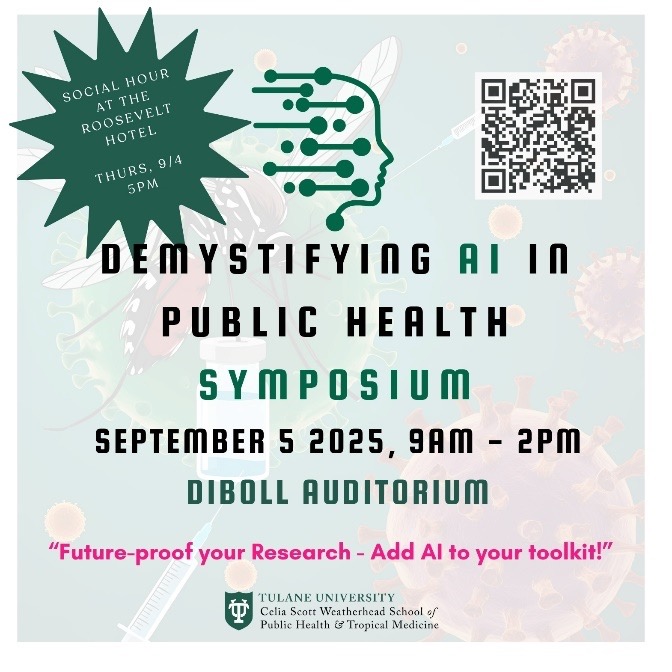A flyer with the symposium title and date: Demystifying AI in Public Health on September 5, 2025