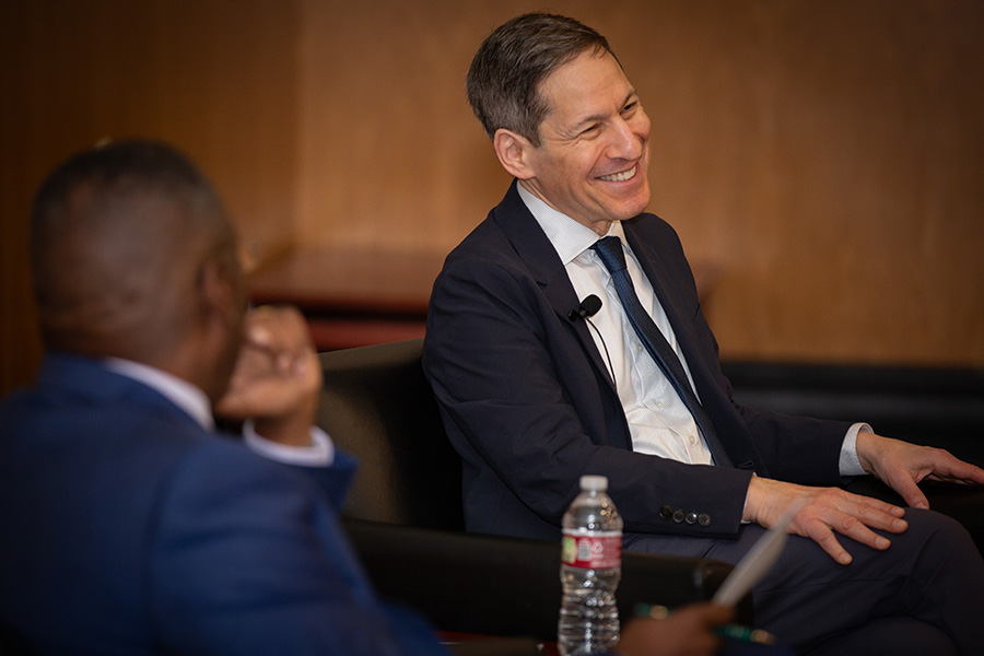 Dean Thomas LaVeist, left, and Tom Frieden, right have a conversation during the November 2025 Leaders & Lagniappe series