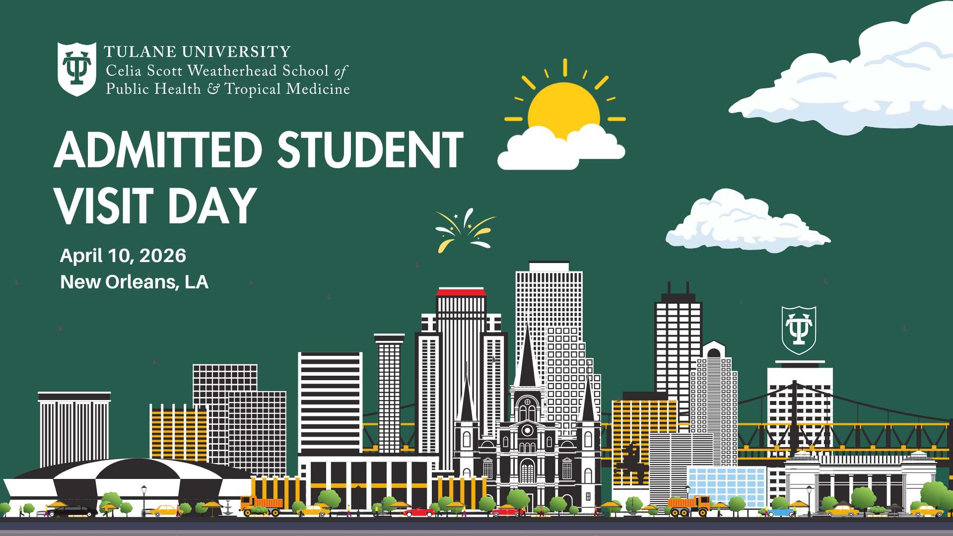 Graphic: Tulane University WSPH New Orleans skyline for Admitted Student Visit Day.t