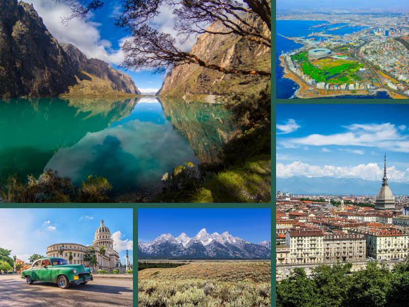 Collage of diverse travel photos: mountain lake, city aerial, European city, classic car, snowy peaks.