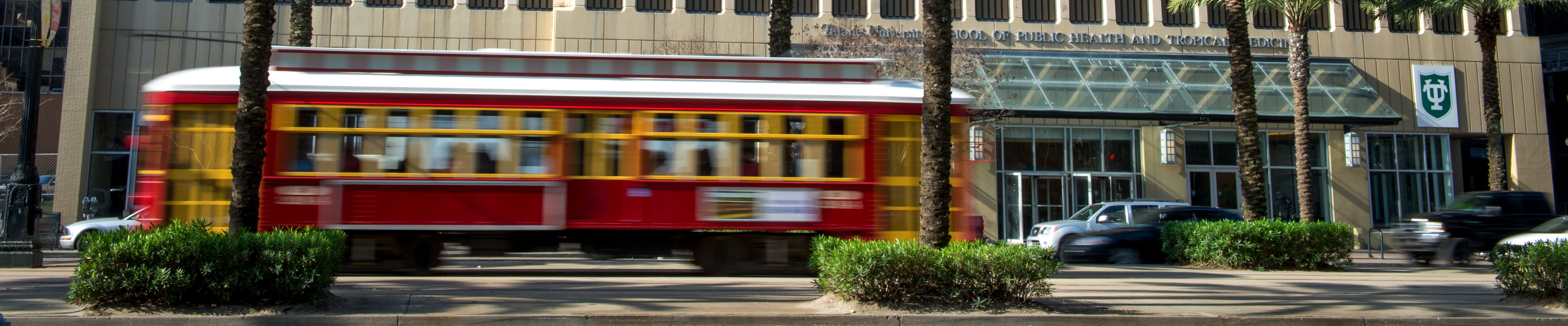 Canal Street Streetcar in front of Celia Scott Weatherhead Scholl of Public Health and Tropical Medicine in New Orleans