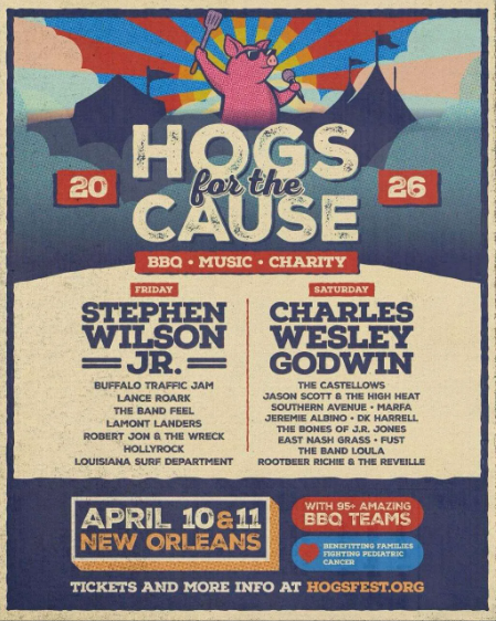 Hogs for the Cause music, BBQ, and charity festival poster featuring a pink pig graphic.