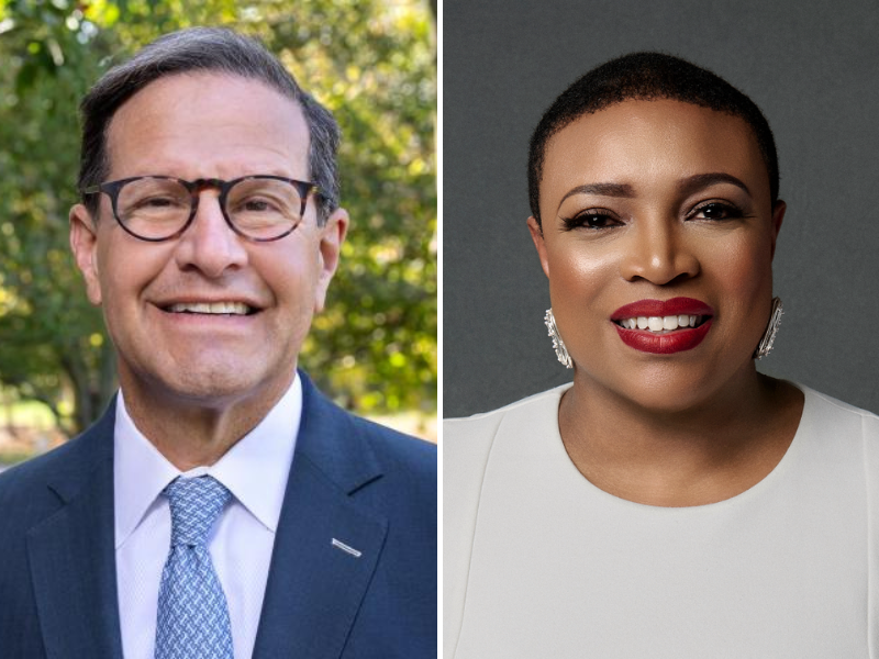Split screen of Neil Meltzer (outdoors) on the left and Shavon Arline-Bradley (in studio) on the right