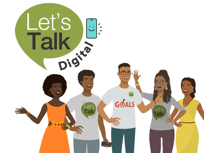 Graphic of five diverse people below a "Let's Talk Digital" speech bubble and phone logo.