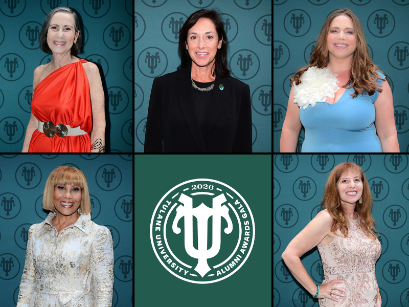 The five WSPH alumni awards recipients with a Tulane University Alumni Awards logo.