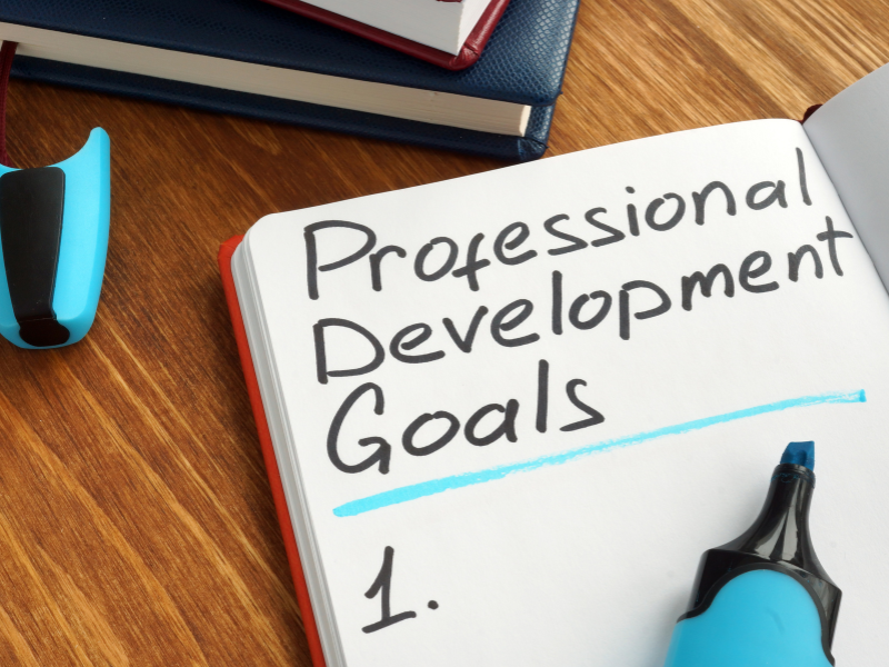 Open notebook titled "Professional Development Goals" with a blue marker on a wooden desk.