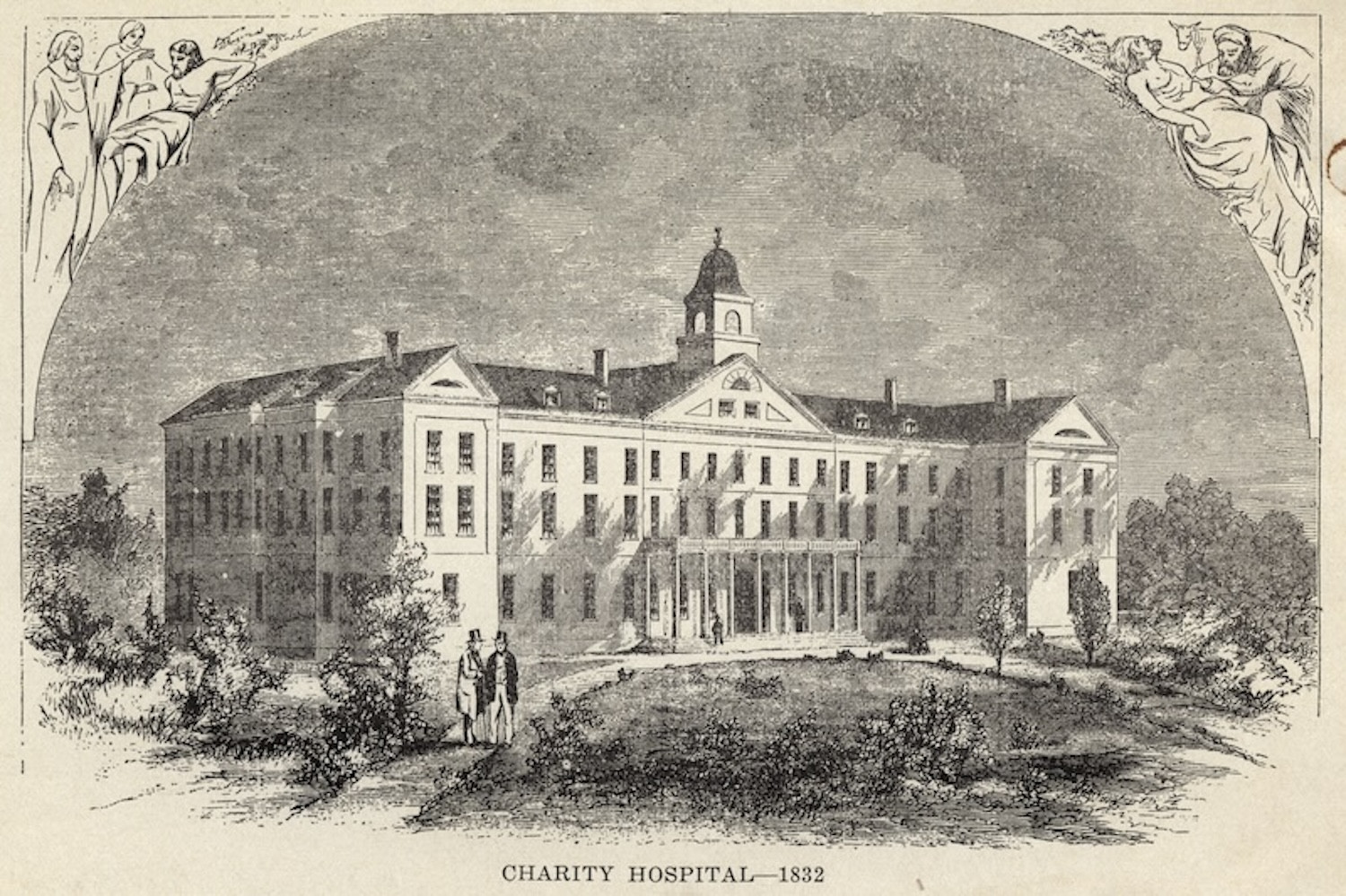 19th-century engraving of a grand hospital building with a central cupola, surrounded by trees.