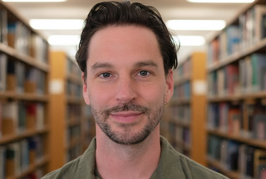 Robert Palestina, smiling man with dark hair, blurred library bookshelves in background.