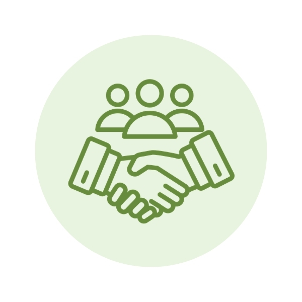 Graphic: Two hands shaking. Three people in background. Represents partnership.