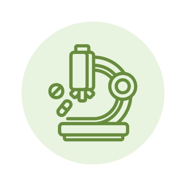 Graphic: Green outline of a microscope, pills, and a capsule.