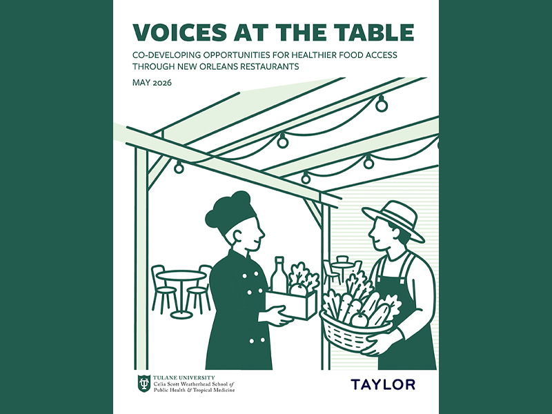 Voices at the Table report cover image is an illustration of a chef purchasing fresh food at a farmers' market with the title of the report and a TUlane logo. 