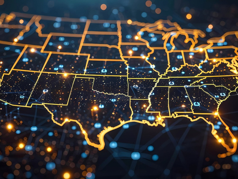 Graphic of the USA map, states outlined in orange light with a blue data network.