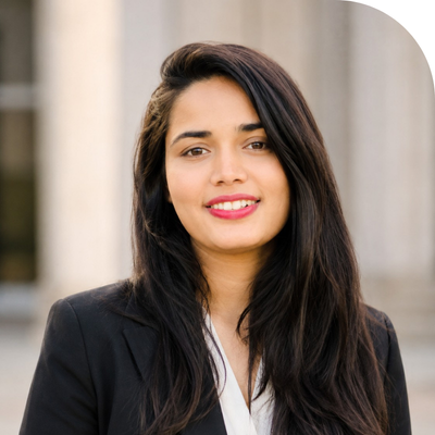 iindian young lady in corporate black suit and white inner shirt headshot