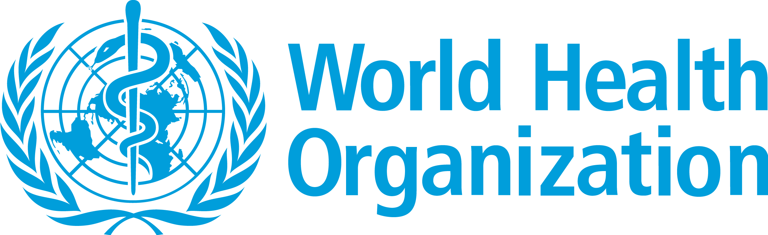 World Health Organization logo, blue emblem with globe, olive branches, and medical staff.
