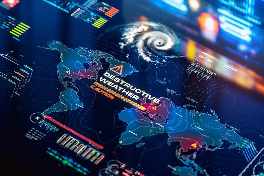 Digital graphic: World map showing hurricane, weather warnings, and data.
