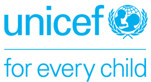 UNICEF for every child logo adult holding a child imposed on a globe with laurels framing th eglobe in blue