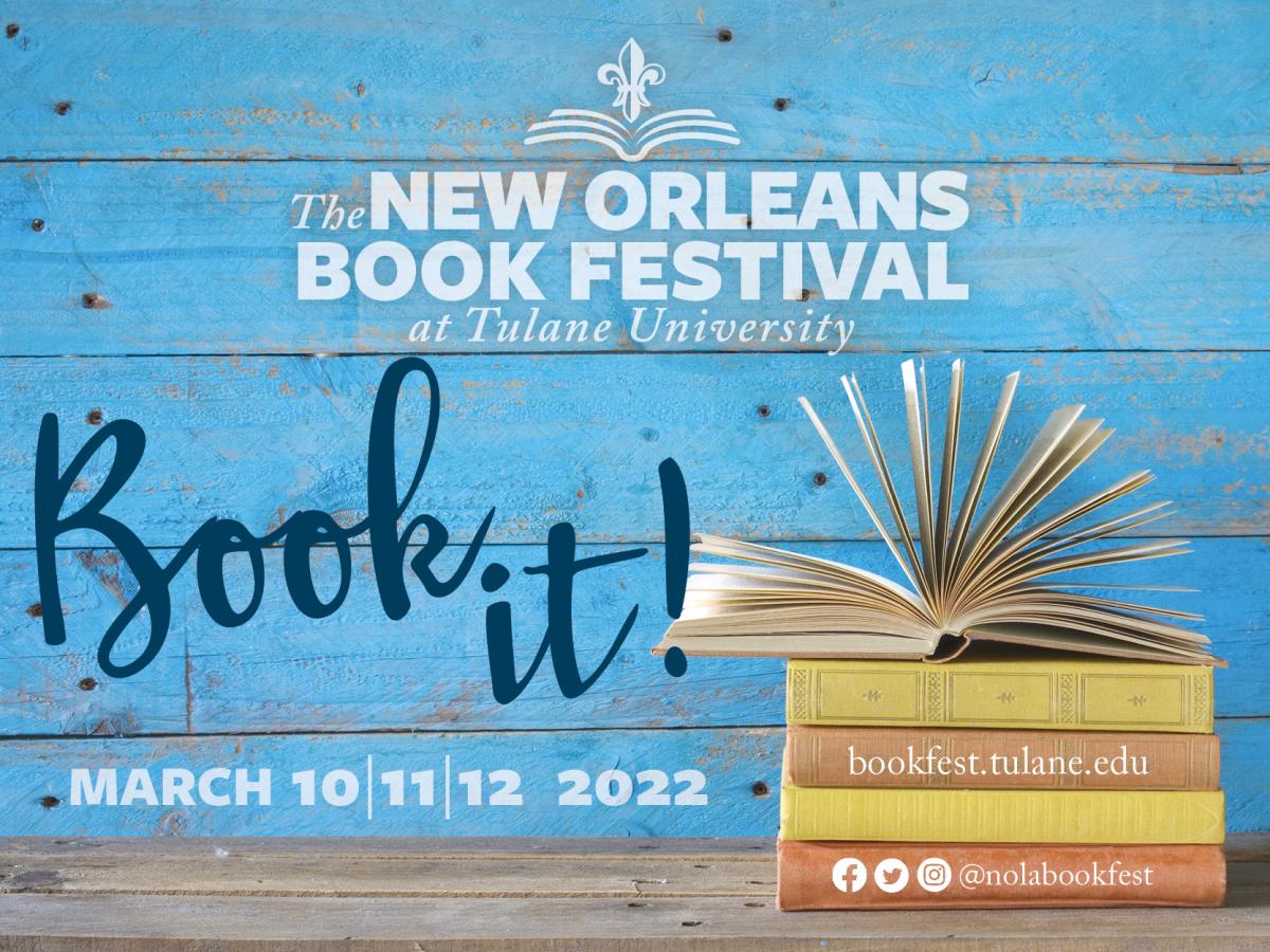 Nola Book Fest logo with books and dates, March 10-12