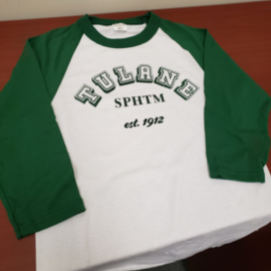Image of a green and white Tulane SPHTM baseball t-shirt