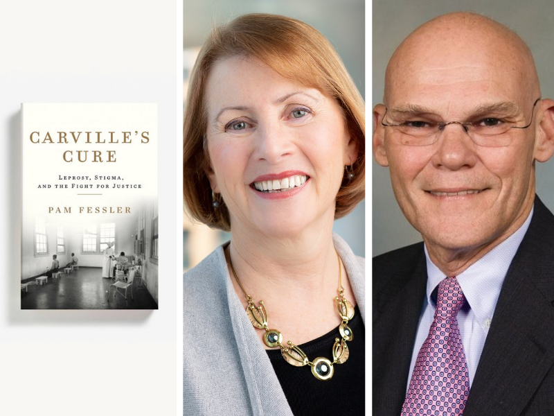 Photos of the book cover of Carville's Cure, Pam Fessler, and James Carville.