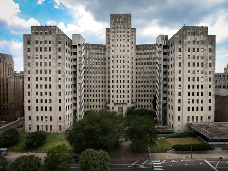 Charity Hospital, front view, New Orleans, LA, on a cloudy day