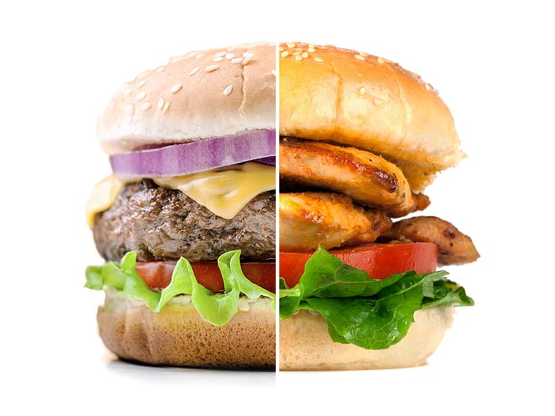 Split photo, cheeseburger on one side, chicken sandwich on bun on the other