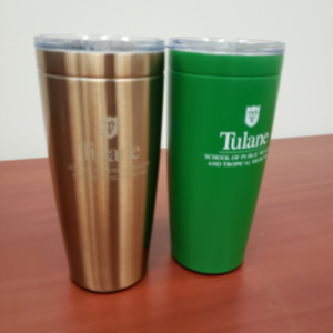 Image of Tulane SPHTM drinking tumblers: one in copper and one in green