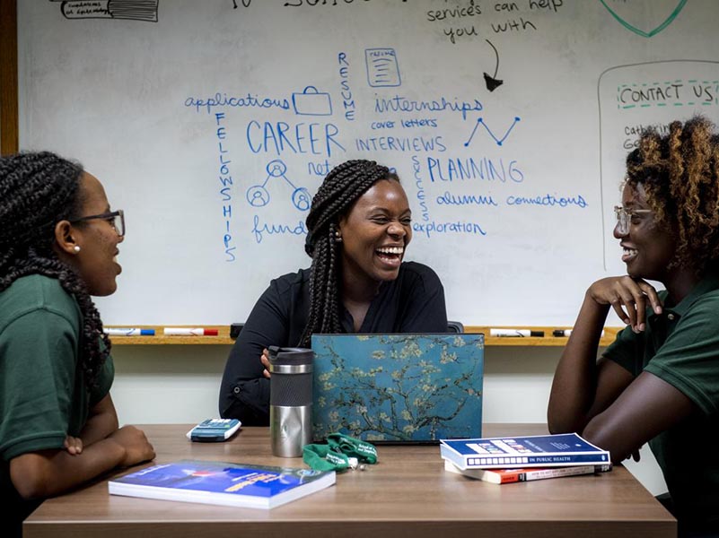 Three women at a career services panel discussion