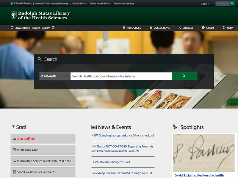 Screen shot of the Rudolph Matas Library Web site