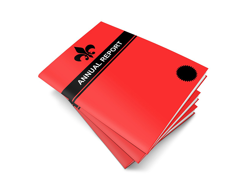 Red cover booklets with black fleur de lis and "reporting" on it. 