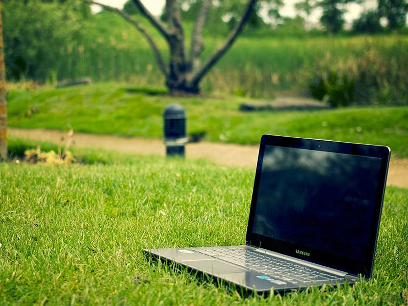 Samsung laptop in a grassy scene like a park
