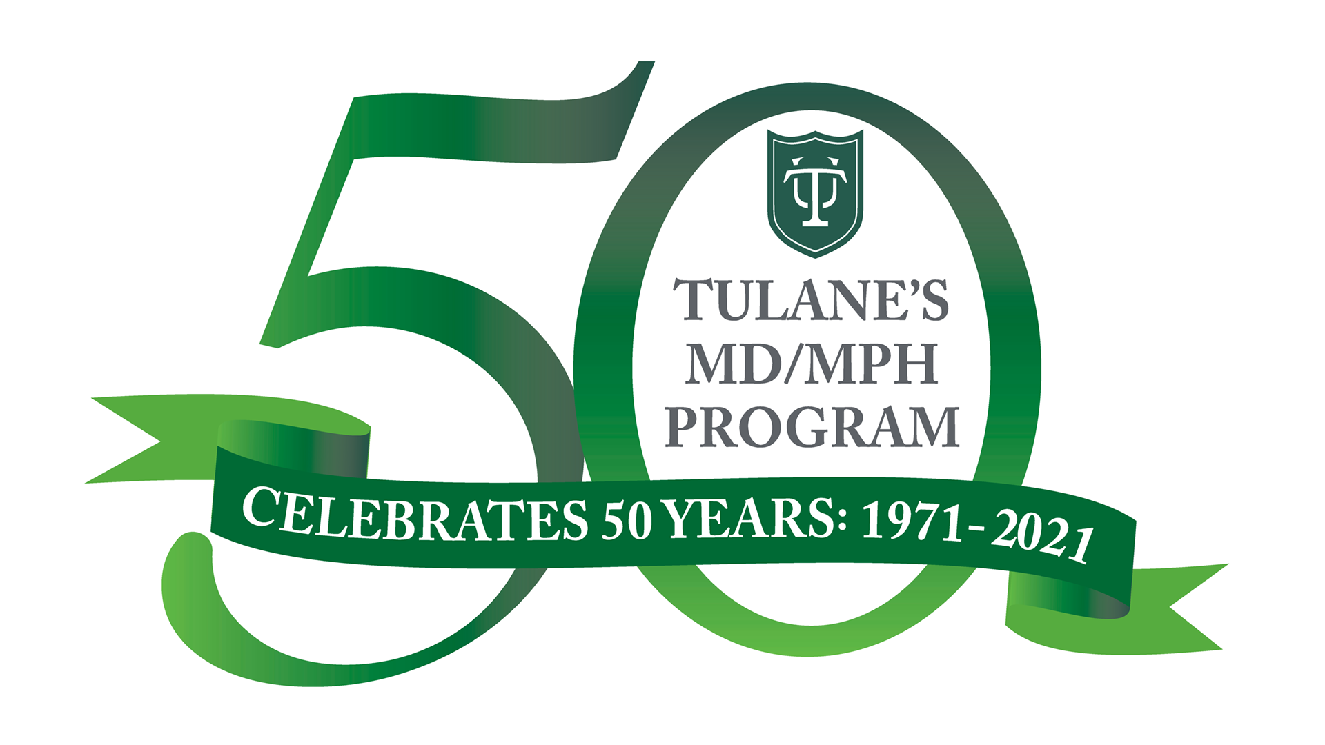Tulane MD/MPH 50th Anniversary Logo, green and white, number 50 with program name