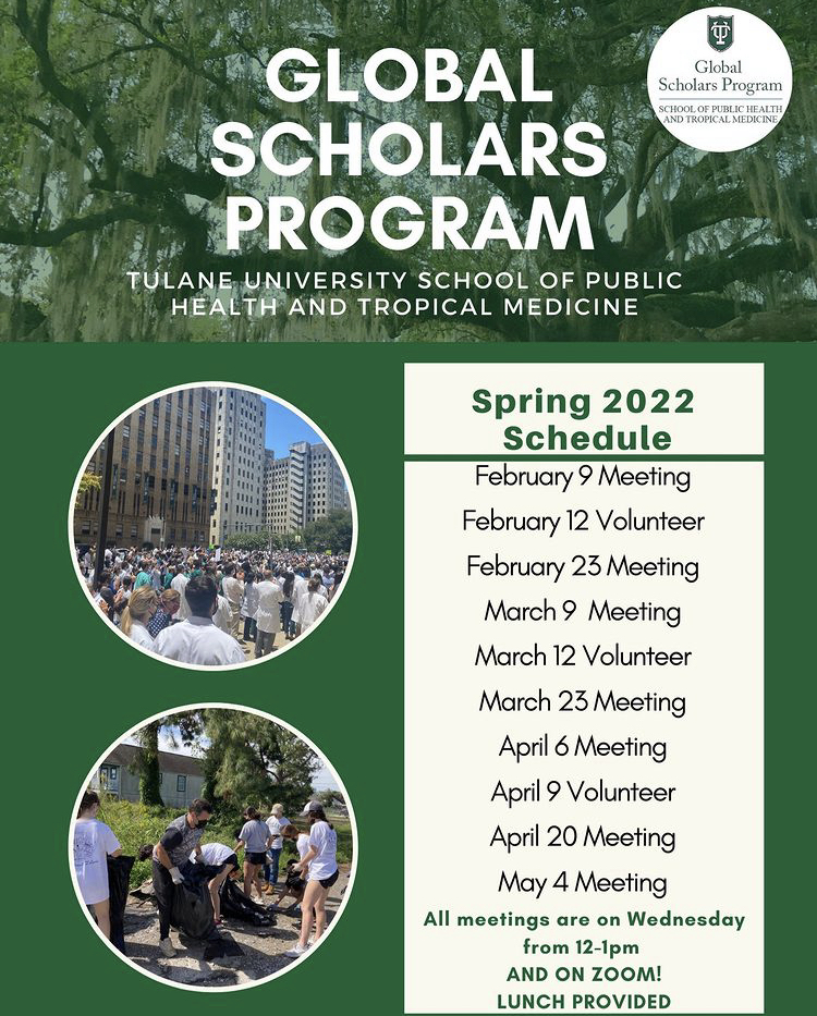 Image of Global Scholars schedule of meetings for Spring 2022.