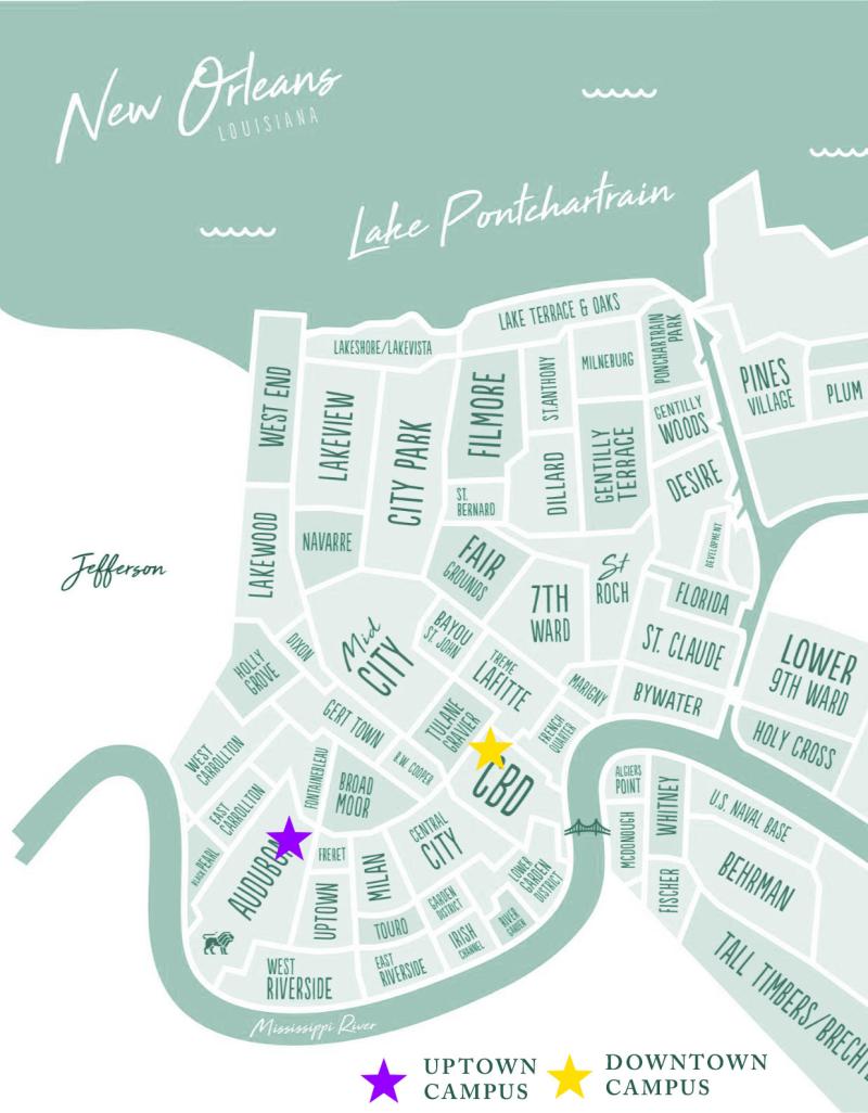 Map of New Orleans with neighborhoods and highlighted Uptown and Downtown university campuses.