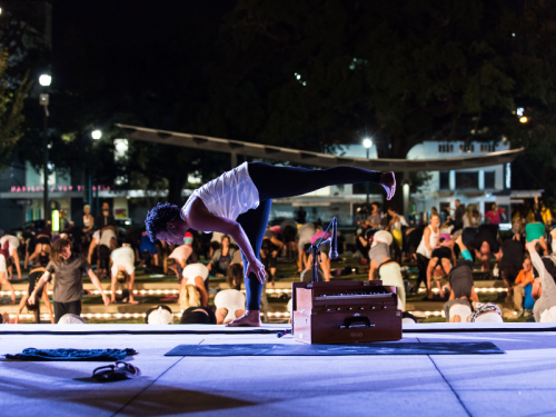 Valerie McMillan doing yoga instruction
