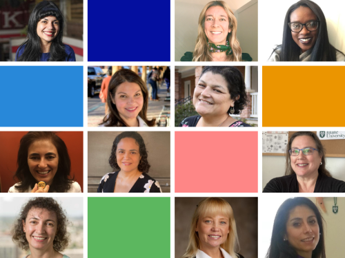 A collage of SPHTM Hispanic faculty and Hispanic Heritage Month colors