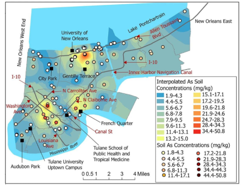 A map showing Arsenic hot spot in New Orleans