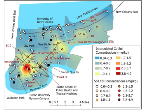 A map showing cadmium concentration in New Orleans