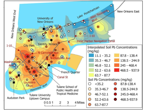 A map showing lead concentration in New Orleans.