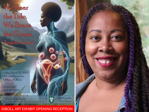 A promotional poster and headshot for Tucker and her exhibit